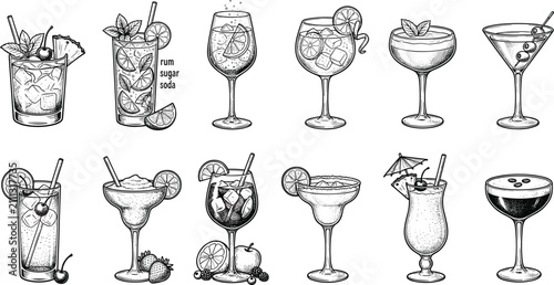 Hand Drawn Tropical Cocktails and Summer Drinks Vintage Line Art Vector Set for Bar Menu DesignsHand Drawn Tropical Cocktails and Summer Drinks Vintage Line Art Vector Set for Bar Menu Designs