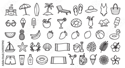Summer beach icon set. Hand drawn vacation elements and tropical holiday doodles.