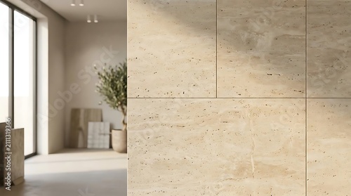 Minimalist interior with beige marble tile wall texture.