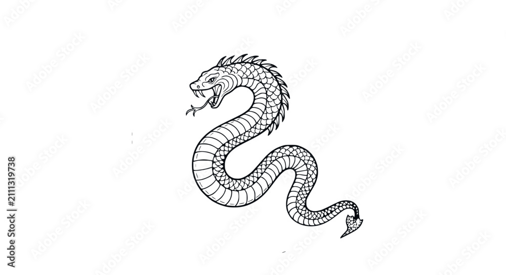 Fototapeta premium Hand Drawn Mythological Serpent Dragon Line Art Vector Illustration