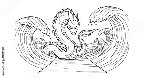 Quadro su tela Majestic Sea Serpent Emerging from Giant Ocean Waves Line Art Illustration