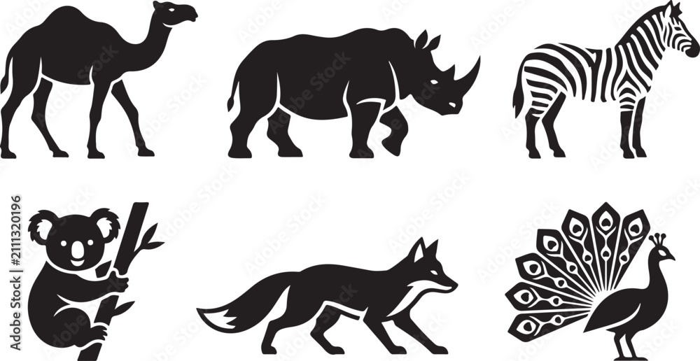 Fototapeta premium Set of black silhouette wild animals including camel rhino zebra koala fox and peacock icons