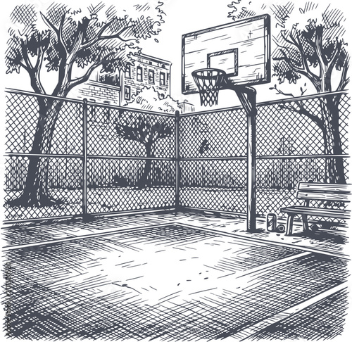 hand drawn style illustration of an outdoor urban basketball court scene with hoop, fence, trees, building, bench, and trash can. the dark blue vector image contains no white fills