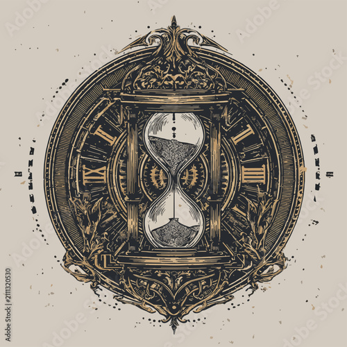 Ornate hourglass and Roman numeral clock face in vintage emblem, isolated on transparent alpha, perfect for historical concepts, time management and retro design.