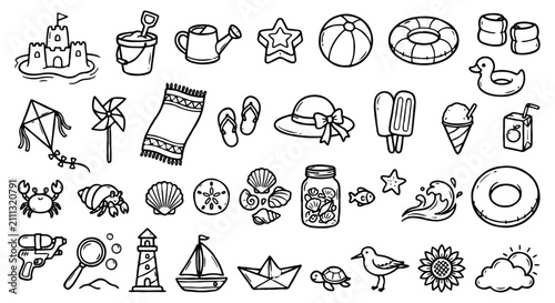 Summer beach doodle icons set. Hand drawn vacation elements for holiday design projects.