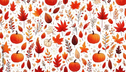 Fotografie seamless vector pattern with fiery red autumn leaves and pumpkin
