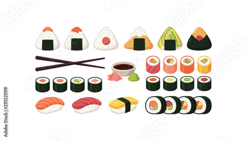 Quadro su tela PrintJapanese sushi and onigiri vector illustration set with maki rolls nigiri c