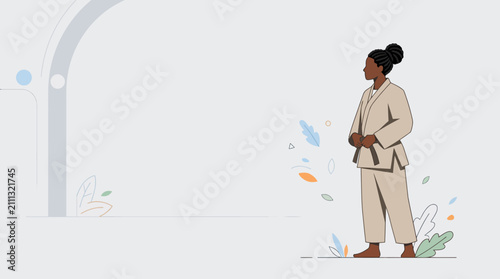 Martial artist in a uniform stands calmly amidst floating geometric foliage and abstract shapes.