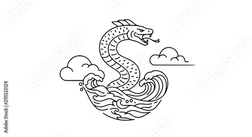 Tableau sur toile Mythical sea monster serpent rising from ocean waves with clouds line art