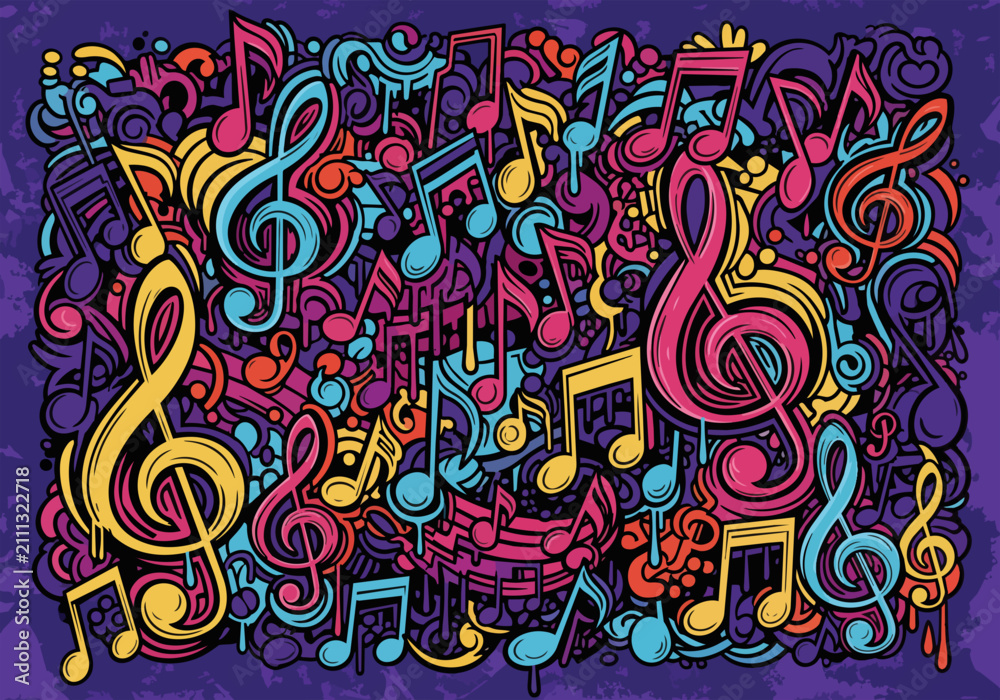 Naklejka premium Vibrant abstract musical notes and treble clefs pattern, doodle art style, concept for music promotion, creative design and entertainment advertising.