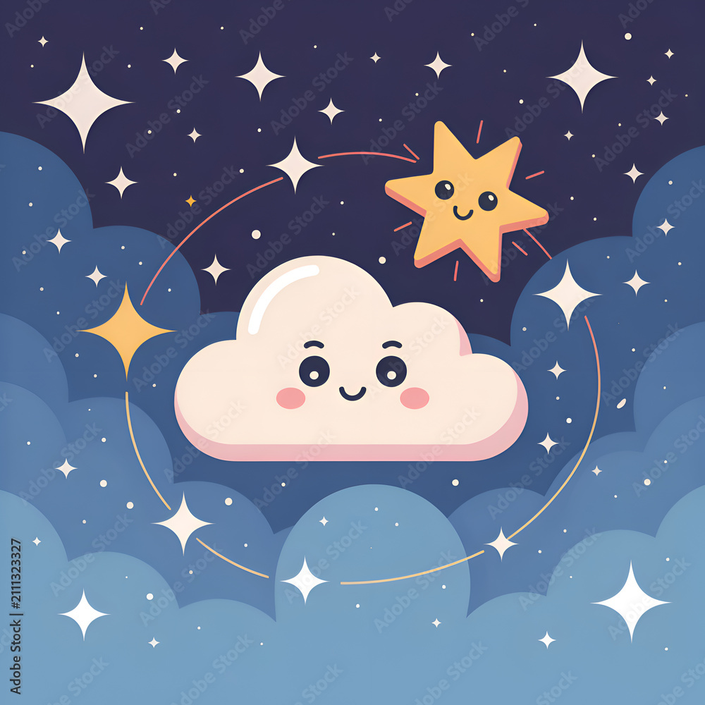 Naklejka premium Cute smiling cloud and star orbiting in a dreamy night sky with soft blue clouds and twinkling celestial bodies