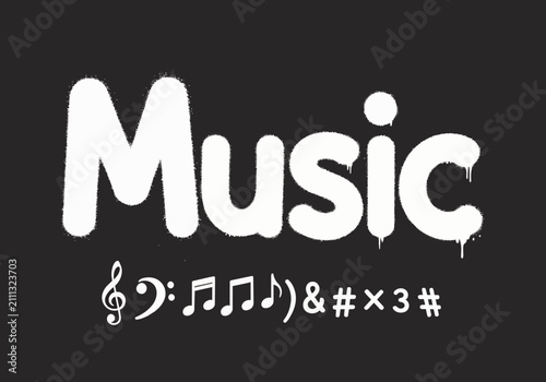 White spray paint lettering 'Music' with musical notes and symbols, isolated on transparent alpha, concept for audio production, entertainment events and digital media promotion.