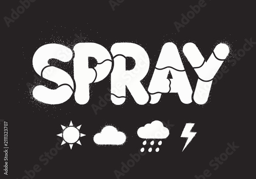 White 'SPRAY' word art with stencil effect and weather icons, suitable for graphic design, typography and weather forecasts.