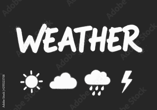 White spray paint 'WEATHER' text with sun, cloud, rain cloud, and lightning bolt icons, isolated on transparent alpha, concept for forecasting, meteorology and environmental reporting.