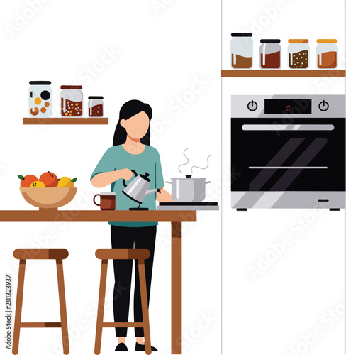 Woman pouring water into cooking pot on stove in kitchen, concept for home cooking, healthy lifestyle and domestic chores.