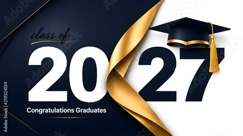 Class of 2027 graduation banner with gold ribbon and mortarboard on dark blue luxury background