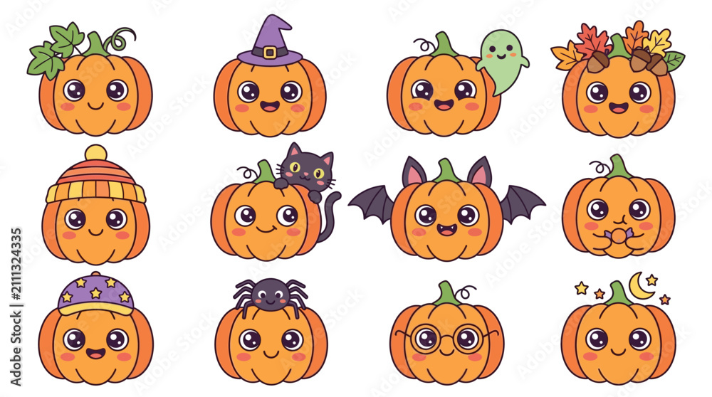 Fototapeta premium Halloween Jack O Lantern Faces with Whimsical Characters.