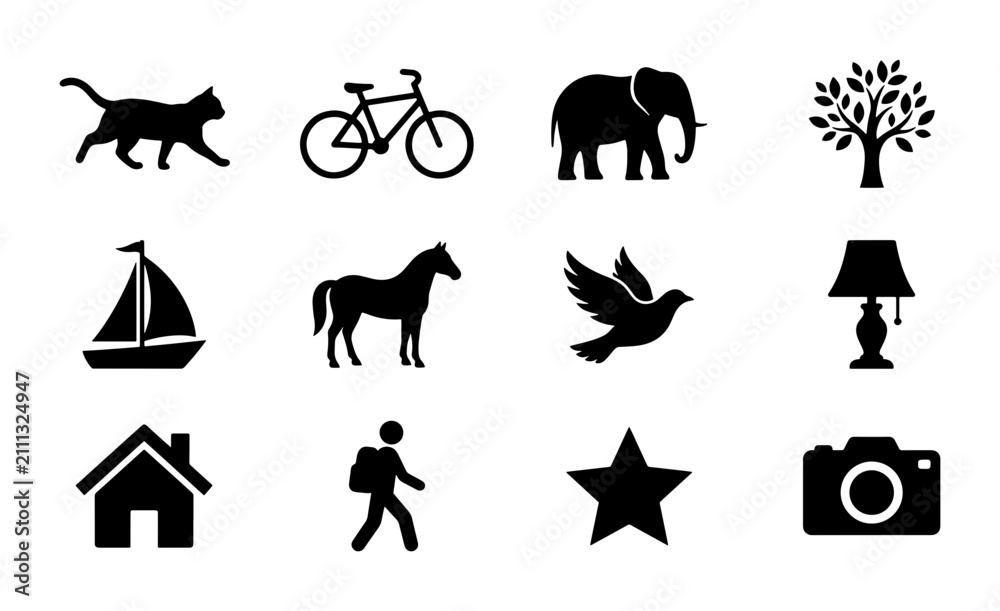 Fototapeta premium Diverse Silhouette Icon Set: Animals, Objects, and Symbols for Web and Print Design, 12 Vector Graphics