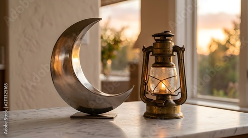 A crescent moon sculpture and a vintage brass lantern sitting on a marble surface during sunset with a blurred window view in the background