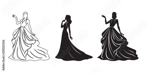 Cuadro en lienzo Woman in long dress posing three ways in elegant style
