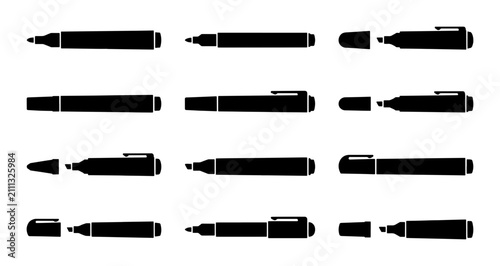 Quadro su tela Black Marker Pens Collection, Vector Icons Set, Drawing Tools, Writing Instrumen