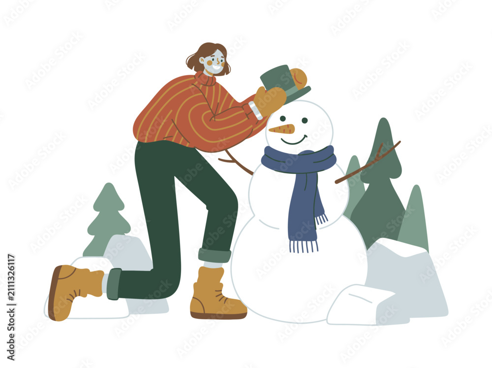 Fototapeta premium Joyful winter pastime A person happily creating a charming snowman adorning it with a hat and scarf amidst a serene snow-dusted woodland scene embodying the spirit of festive outdoor fun and seasonal