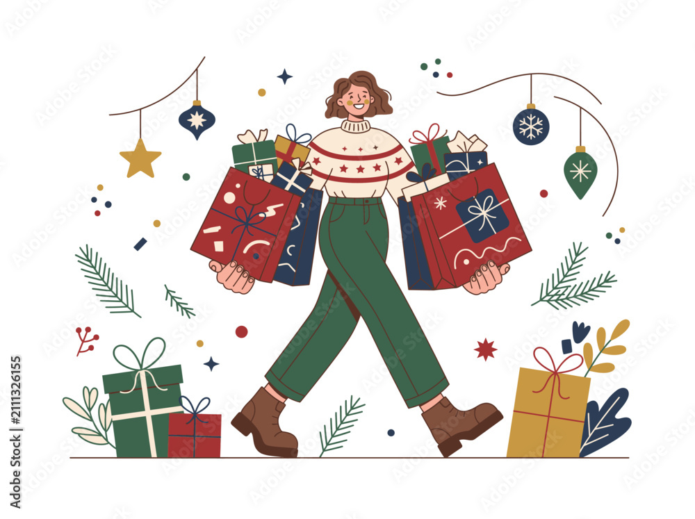 Naklejka premium Festive Woman Happily Carries Numerous Colorful Gift Boxes During Christmas Shopping Season Conveying Joyful Merriment and the Spirit of Giving.