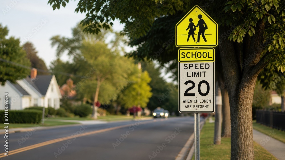 Obraz premium School zone traffic sign indicating a speed limit of 20 mph when children are present, positioned along a quiet suburban street lined with trees and houses