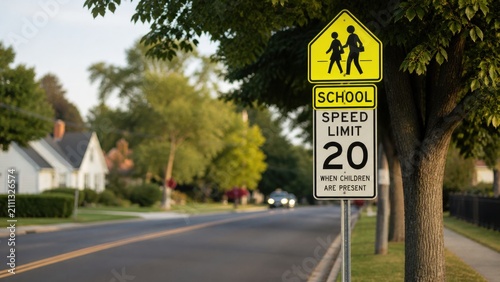 School zone traffic sign indicating a speed limit of 20 mph when children are present, positioned along a quiet suburban street lined with trees and houses