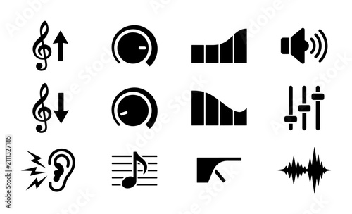 Obraz na płótnie Audio Control Icons Set, Sound Volume Knobs, Equalizer Bars, Music Notes, Speake