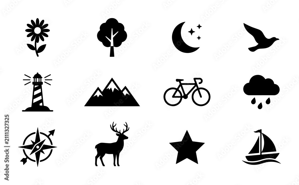 Obraz premium Nature and Outdoor Icons Set: Flower, Tree, Moon, Bird, Lighthouse, Mountains, Bicycle, Cloud, Compass, Deer, Star, Sailboat Vector Graphics