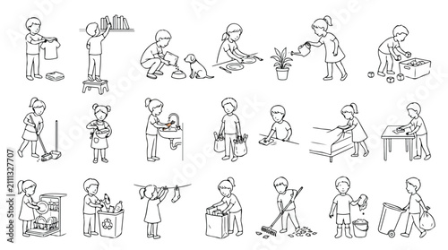 Minimalist line art kids doing chores vector set, children performing household tasks and cleaning activities, 21 black and white hand drawn icons isolated PNG with Transparent Background