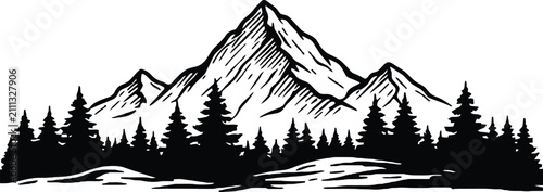 Black and white silhouette of jagged mountains and pine forest landscape peak summit range