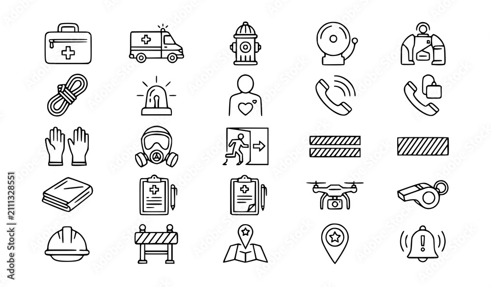 Fototapeta premium Minimal Emergency Response Line Icons Vector Collection for Safety and Healthcare