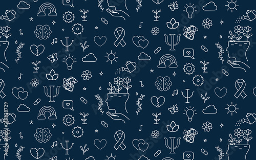 Mental health psychology doodle hand drawn seamless pattern brain growth and therapy self care