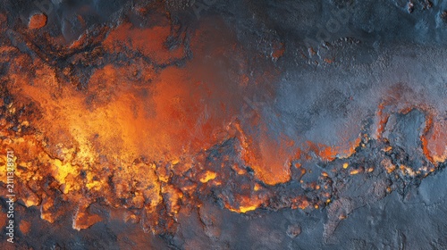 Macro photography of flat smooth molten metal with glowing orange and dark blue texture
