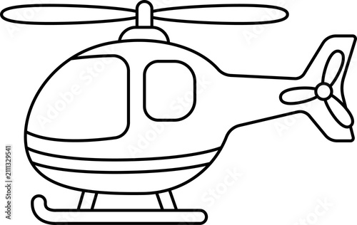 Helicopter, line drawing on a white background, suitable for coloring, educational materials, or decoration.