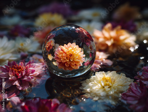 Colorful Flower Petals Reflected in a Crystal Glass Sphere