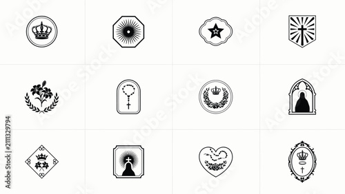 Quadro su tela Elegant black and white religious and royalty symbols collection in minimalist d