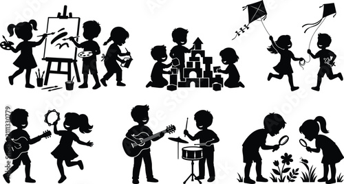 Kids Activity Silhouette Collection with Painting Music Building Exploration and Outdoor Play Vector Set