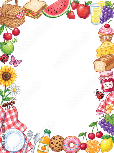 Picnic Border Delight: A vibrant border of delightful picnic treats, from sandwiches and fruits to cupcakes and drinks, inviting you to a delightful outdoor feast.