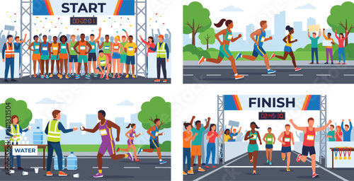 Marathon Running Event Collection with Start Finish Race Volunteers and Hydration Station Illustrations