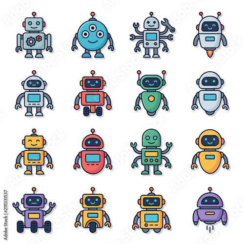 Colorful Cartoon Robots in Various Poses.