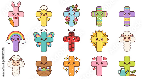Colorful Cartoon Characters Holding Crosses.