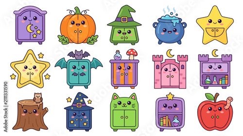 Colorful cartoon objects with cute faces illustration.