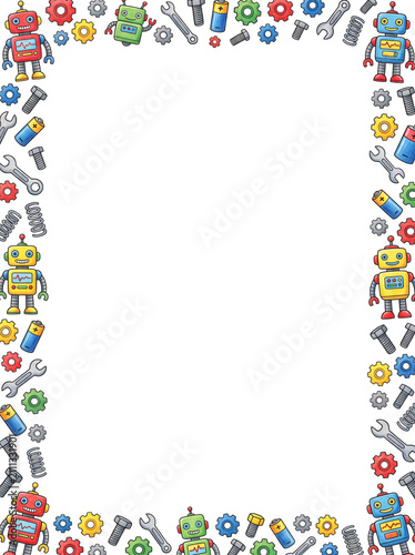 Robot and Tool Border Design: A playful and colorful border featuring cartoon robots, gears, wrenches, and bolts, perfect for invitations, crafts, or themed projects.