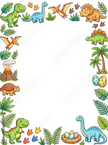 Dinosaur Border Illustration: A whimsical border illustration featuring a variety of cartoon dinosaurs, palm trees, prehistoric plants, and a volcano, perfect for invitations or decorations.