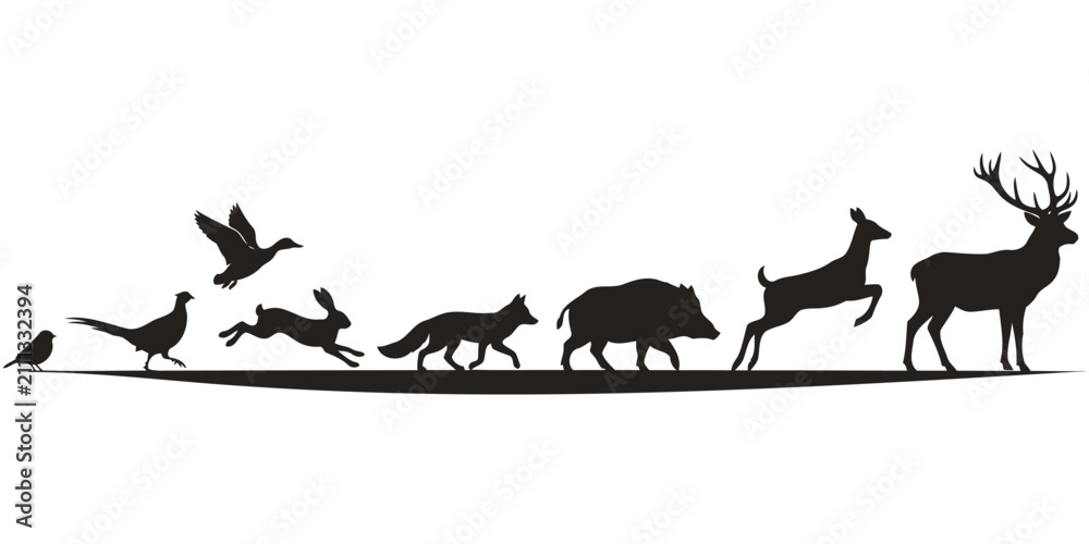 Obraz premium Wild forest animals and game birds vector silhouette line for outdoor hunting