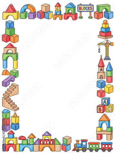 Building Blocks Border: A vibrant and colorful border composed of various wooden toy building blocks, including arches, towers, stairs, and a train, frames a blank space.
