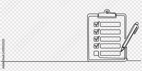Continuous one line drawing of a clipboard with a checklist and pen, Minimalist line drawing of checklist on clipboard with pen. No editable stroke Continuous one line drawing of a clipboard